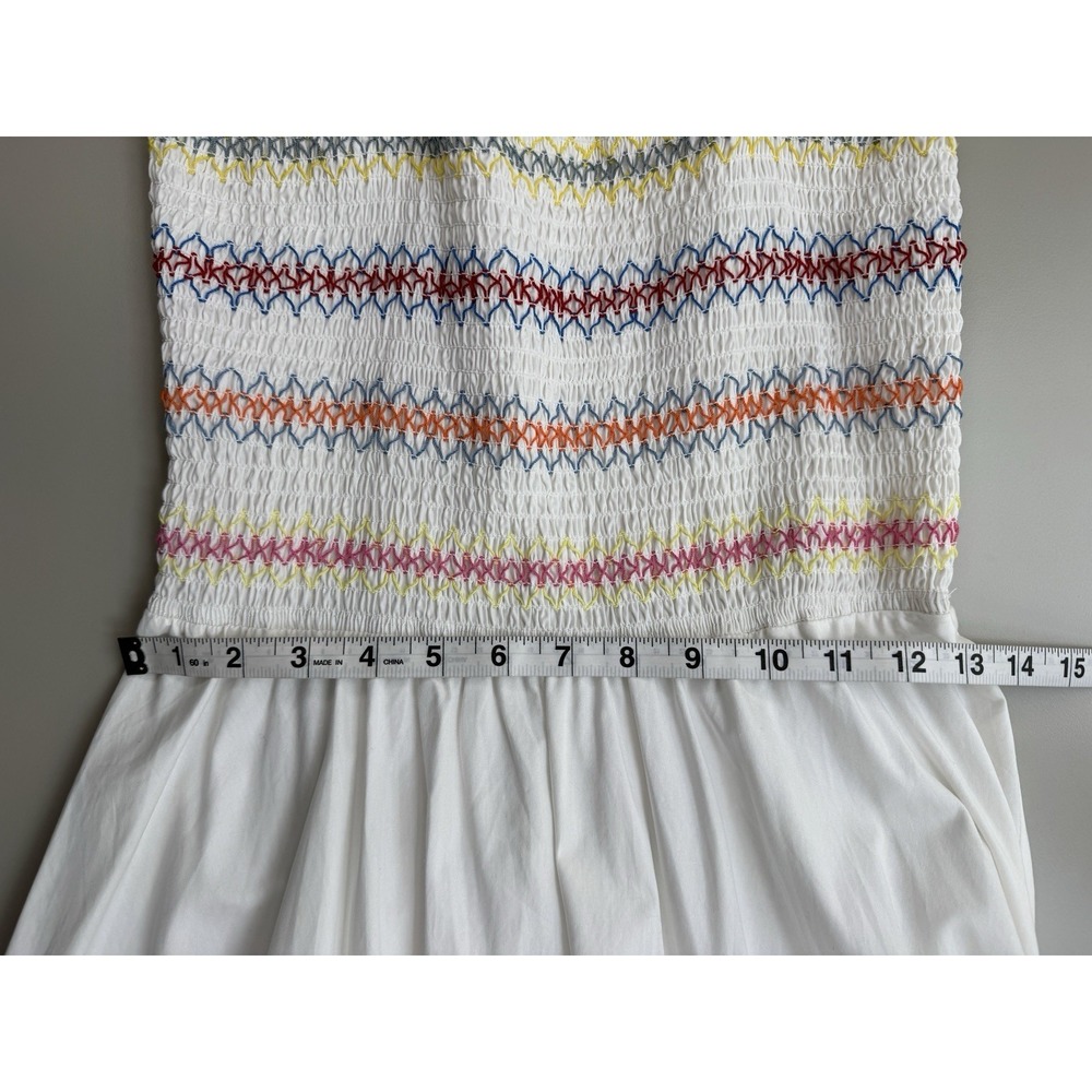 White Smocked Milkmaid Dress Sz S Cottagecore Puff Sleeve Rainbow Stitch Maxi - Picture 5 of 9